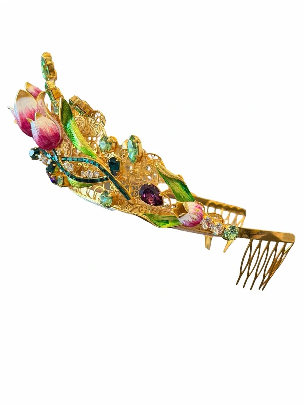 Dolce & Gabbana Gold Floral Jeweled Crown Tiara with Pink and Green Accents